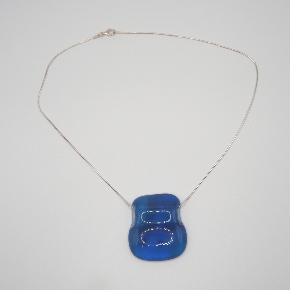 Choker Necklace Blue Fused Glass Pendant Silver 16" Snake Chain Handcrafted